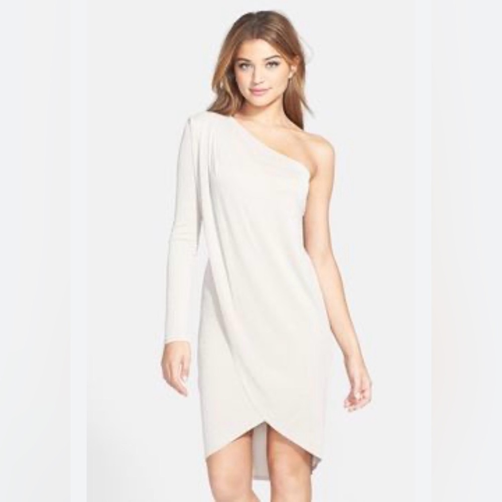 BCBGMAXAZRIA Jolee One Shoulder Tulip Hem Dress Champagne | Size S